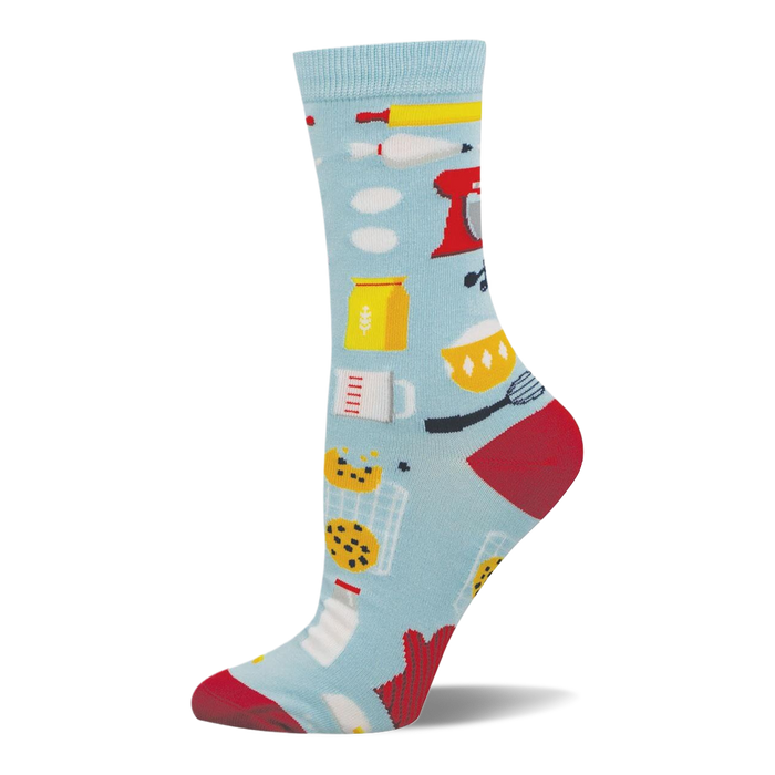 Light blue bamboo crew sock with baking pattern: red stand mixer, flour, cookies, milk, rolling pin, whisk. Red heel & toe. }}