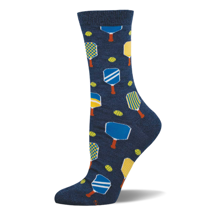 Navy blue crew socks with a repeating pattern of yellow, blue, and white pickleball paddles and yellow-green pickleballs. }}