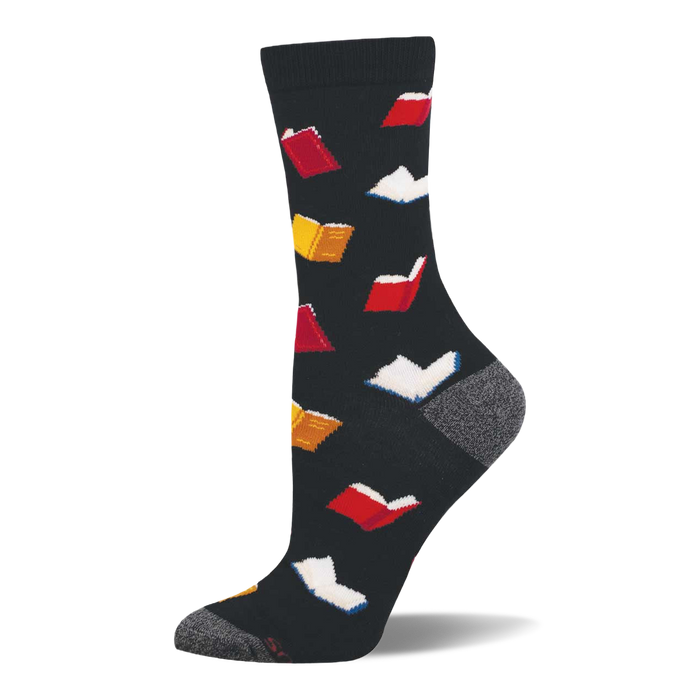Dark grey bamboo crew sock with a scattered pattern of open books in red, yellow-orange, and white with blue edges. Grey heel and toe. }}
