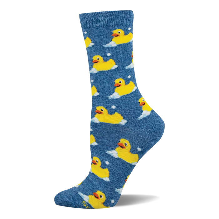 Blue crew socks with a repeating pattern of yellow rubber ducks surrounded by white bubbles and dots, made with bamboo. }}