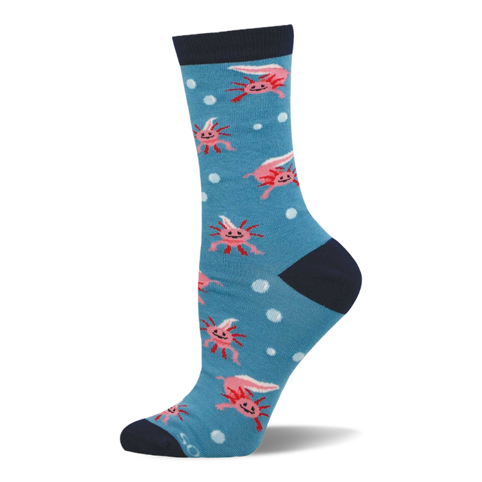 Blue crew sock with a pattern of pink axolotls and white polka dots. Dark blue cuff, heel, and toe. }}