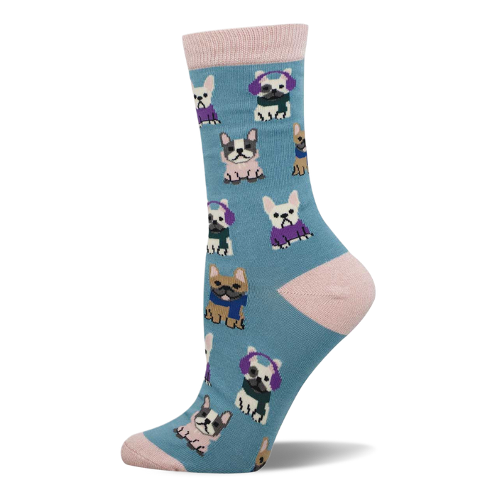 A single crew sock in teal with pink cuff, heel, and toe. Features a pattern of French bulldogs wearing sweaters, scarves, and earmuffs. }}
