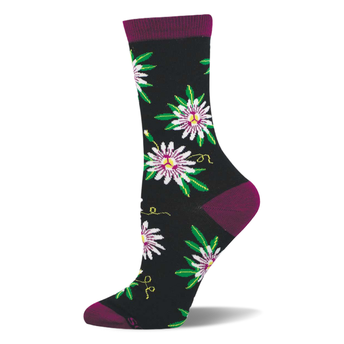 Black crew sock with passionfruit flowers in white, purple, and green, yellow vines, and dark purple cuff, heel, and toe. }}