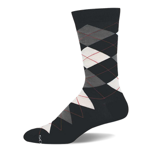 A single dark grey crew sock with a classic argyle pattern featuring white, light grey, and dark grey diamonds outlined by thin red lines.