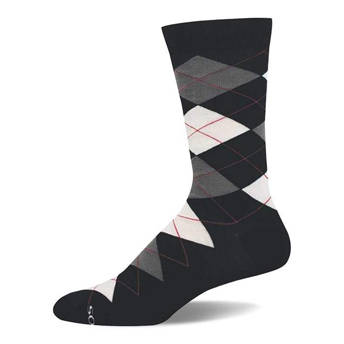 A single dark grey crew sock with a classic argyle pattern featuring white, light grey, and dark grey diamonds outlined by thin red lines.