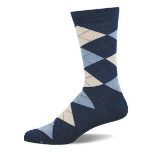 A single dark blue crew sock featuring an argyle pattern with light blue, light beige, and dark blue diamonds.