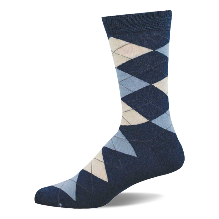 A single dark blue crew sock featuring an argyle pattern with light blue, light beige, and dark blue diamonds.