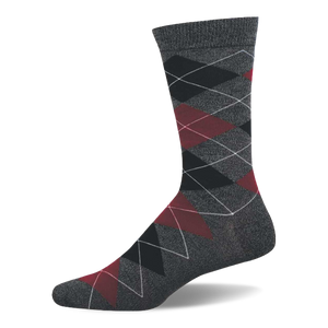 A single dark grey crew sock with a prominent argyle pattern of black, dark red, and grey diamonds.