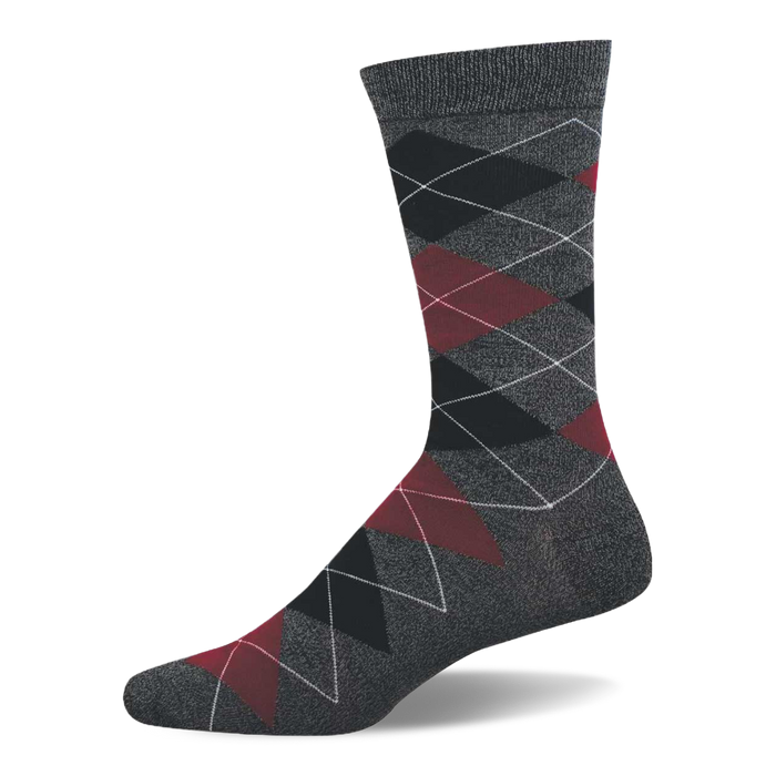 A single dark grey crew sock with a prominent argyle pattern of black, dark red, and grey diamonds.