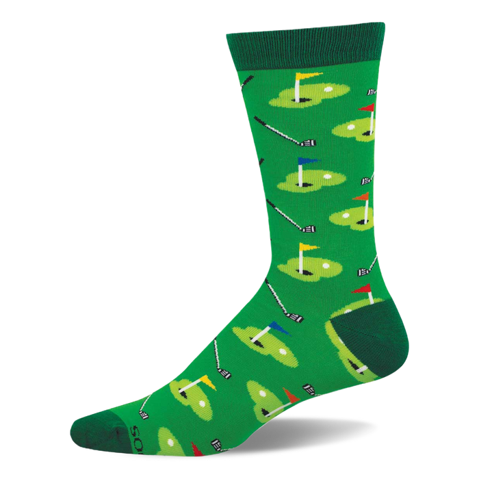 Green crew sock with a golf course pattern: putting greens, flags (red, yellow, blue), golf balls, and clubs. Dark green cuff, heel, toe. }}