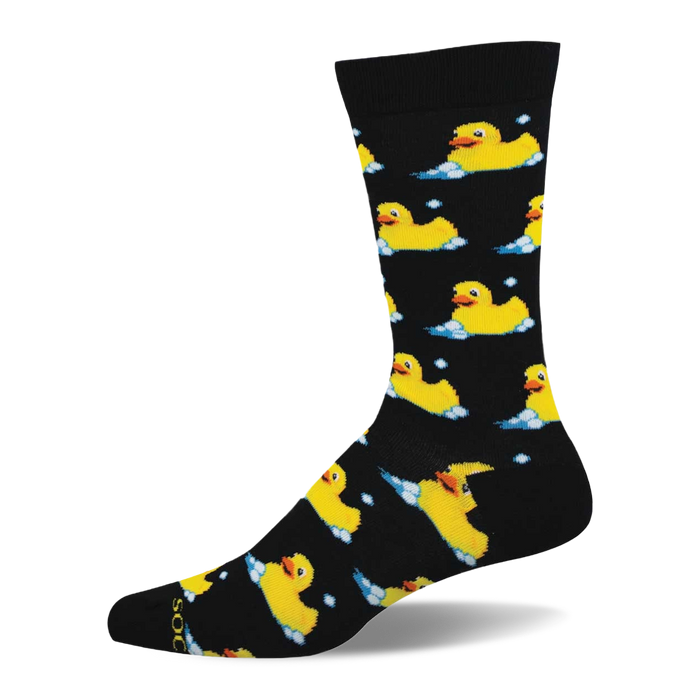 Black crew sock with a repeated pattern of yellow rubber ducks floating in white and blue bubbles. }}