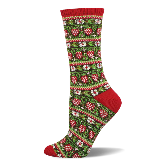 Crew sock with red cuff, heel, and toe. Main body is dark green with rows of red strawberries and white seeds, interspersed with geometric patterns. }}