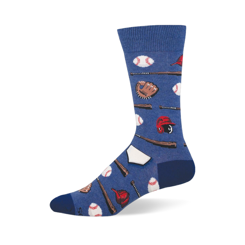 Blue crew sock featuring a pattern of white baseballs, brown wooden bats, leather mitts, and red batting helmets.