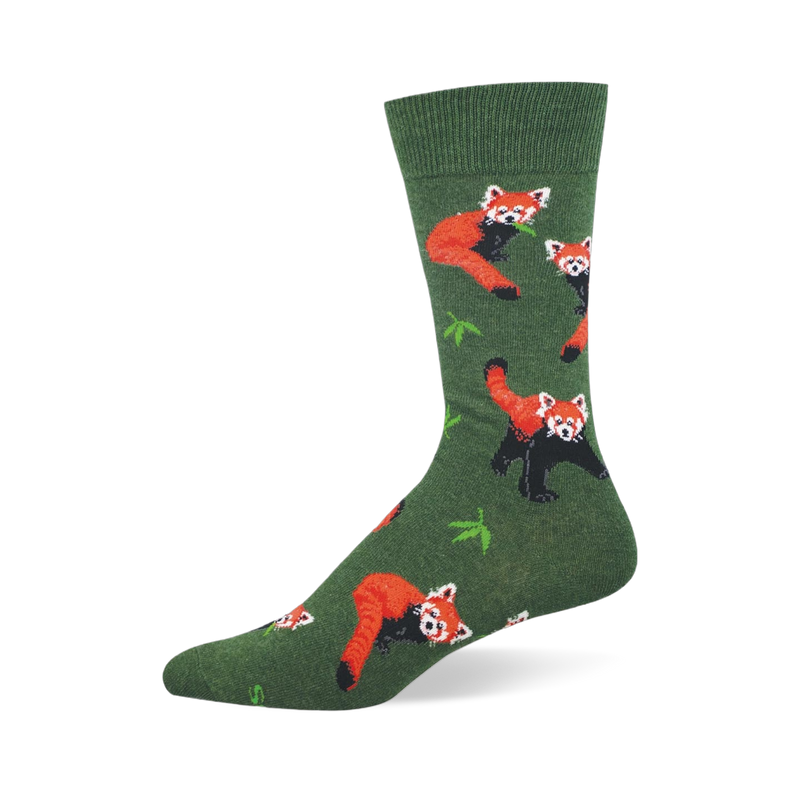 Green crew sock with a repeating pattern of red pandas featuring orange fur and black legs alongside green bamboo leaves.
