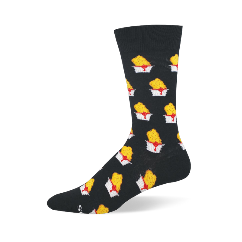 Black crew sock featuring a repeating pattern of golden yellow chicken nuggets being dipped into white cups of red sauce.