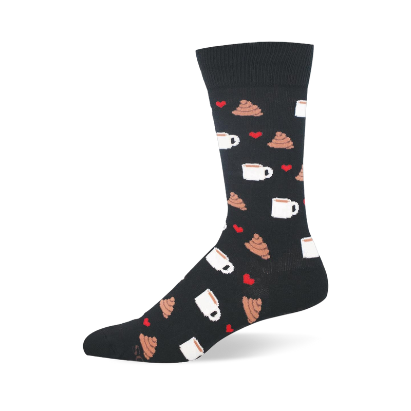 Black crew sock with a repeating pattern of white coffee mugs, brown poop emojis, and small red hearts.