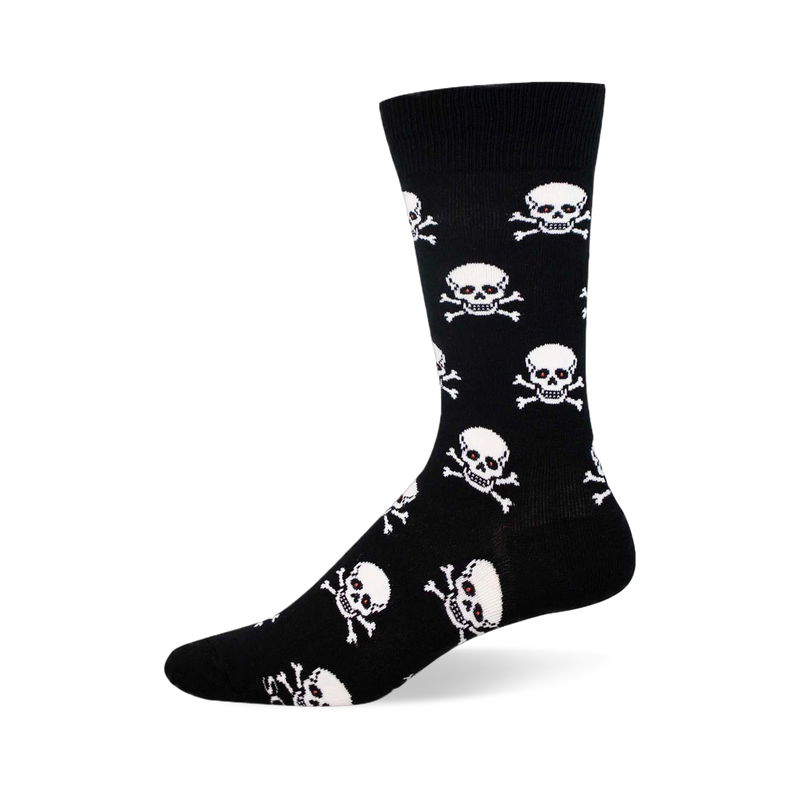 Black crew sock featuring a repeating pattern of white skulls and crossbones with tiny red dots inside the eye sockets.