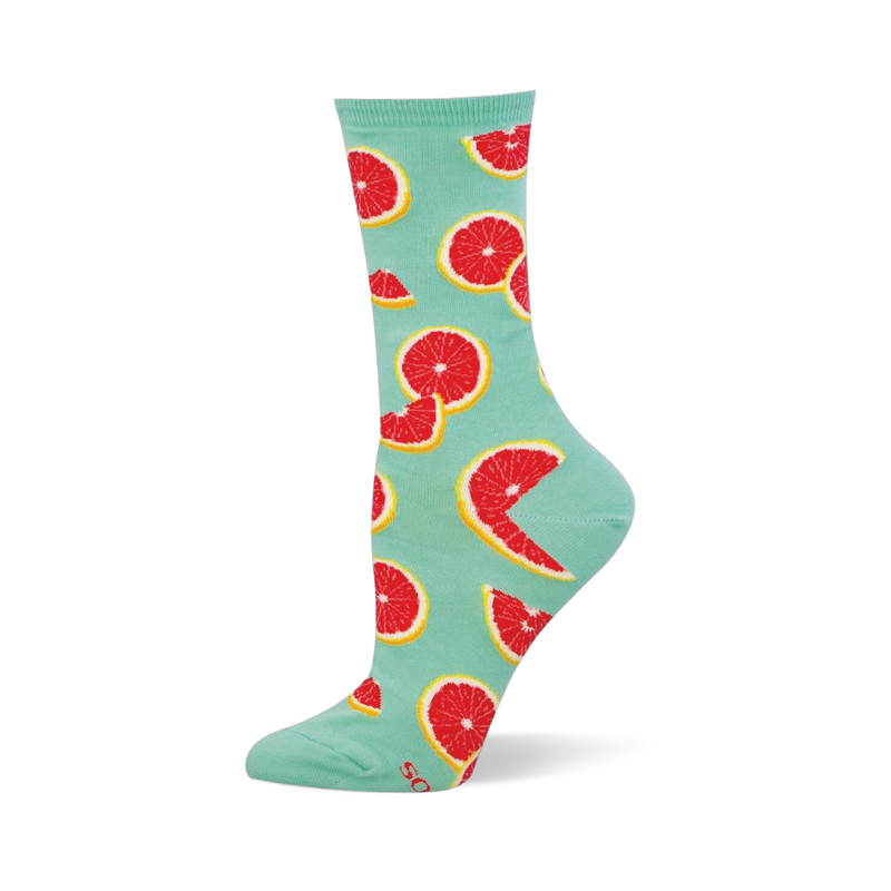 Light mint green crew sock featuring a bright pattern of red grapefruit slices and wedged halves with yellow rinds.