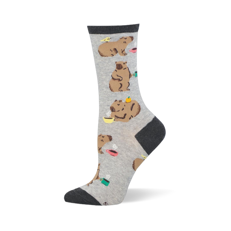 Grey crew sock featuring relaxed capybaras drinking from colorful steaming coffee mugs, with dark charcoal cuff and toe.