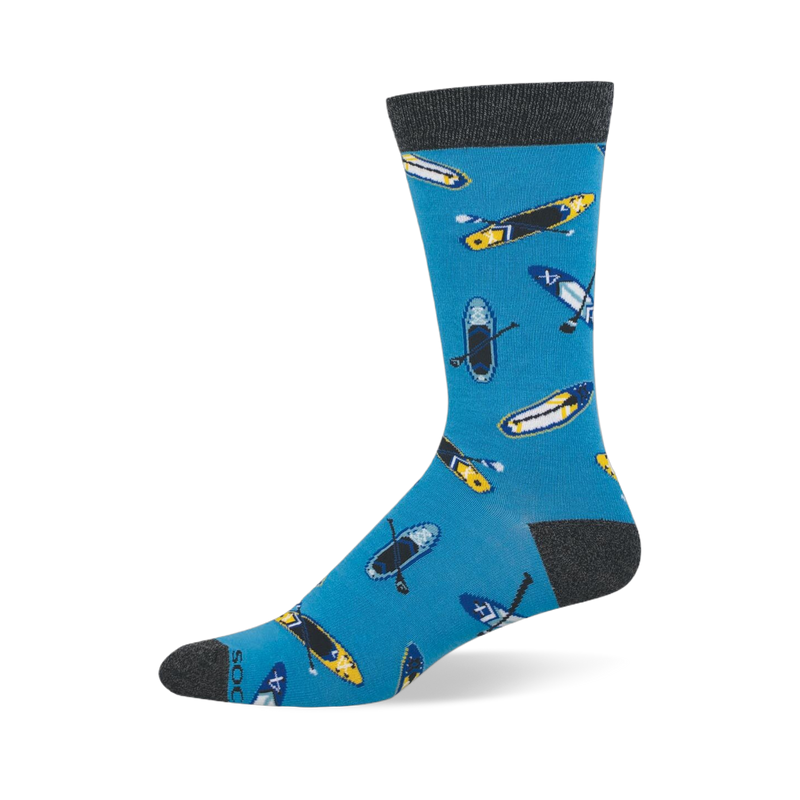 Blue crew sock featuring a pattern of yellow and dark blue stand-up paddleboards with paddles, plus a dark grey cuff.