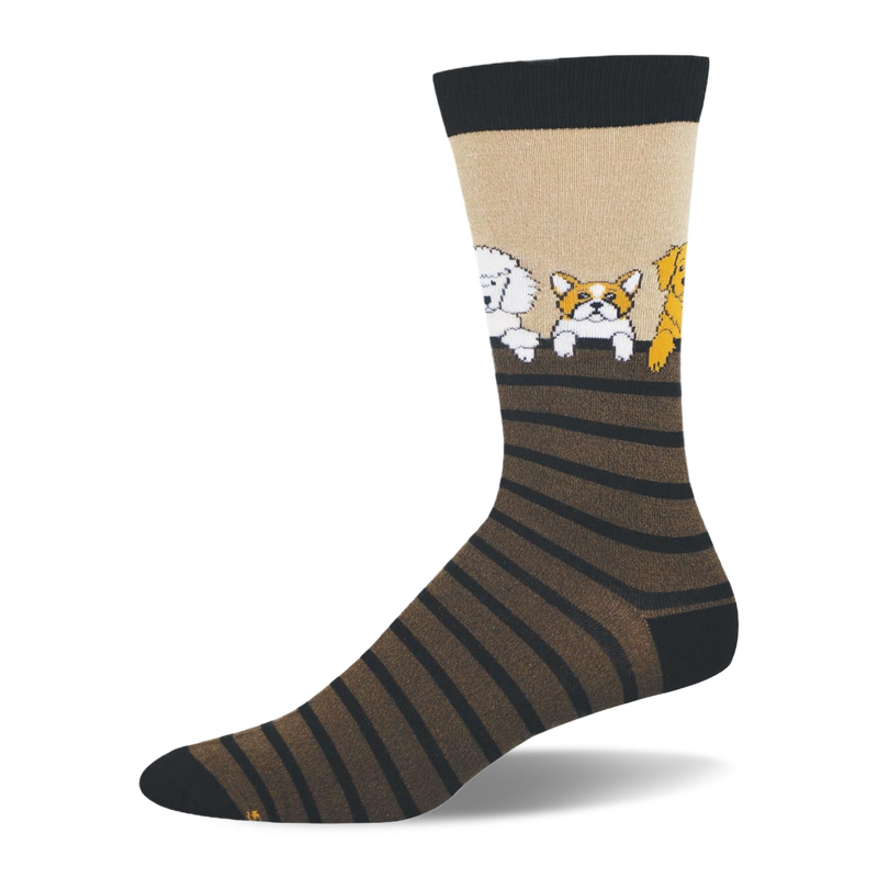 Tan bamboo sock with black and brown stripes. Dogs including a poodle and corgi are shown peeking over the top stripe.