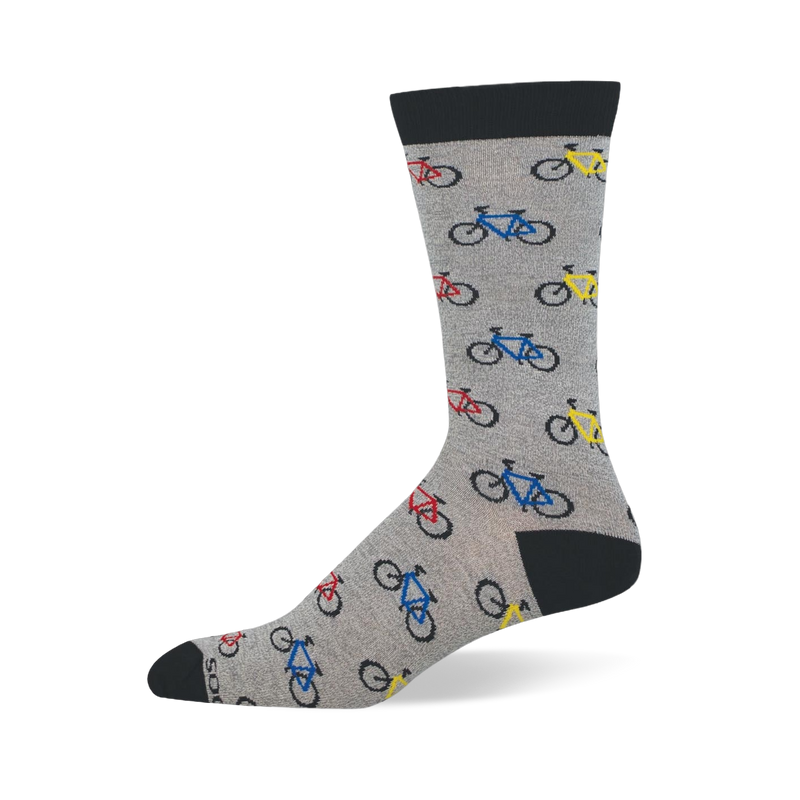 Heather grey crew sock with black cuff, heel, and toe. The pattern features small road bicycles in multiple bright colors.