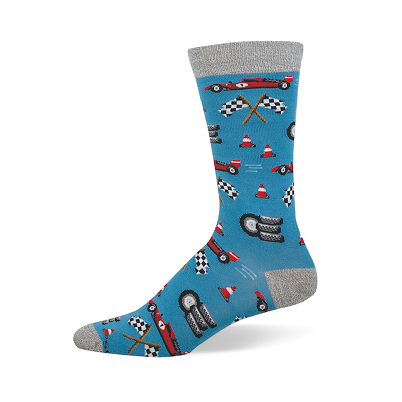 Blue bamboo sock with grey accents featuring an 8-bit pattern of red race cars, checkered flags, tires, and cones.