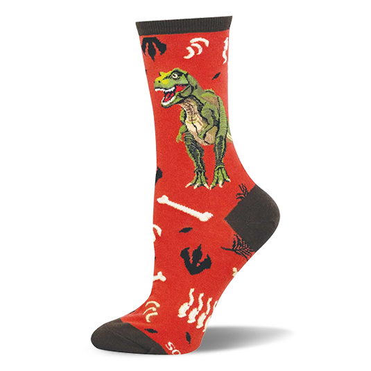 Bright red crew sock featuring a large green T-Rex, white dinosaur bones, dark claw prints, and a brown heel and toe.