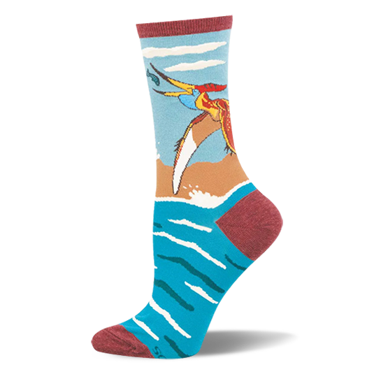 Light blue sock showing a Pteranodon catching a fish over ocean waves, finished with a reddish-brown toe and heel.