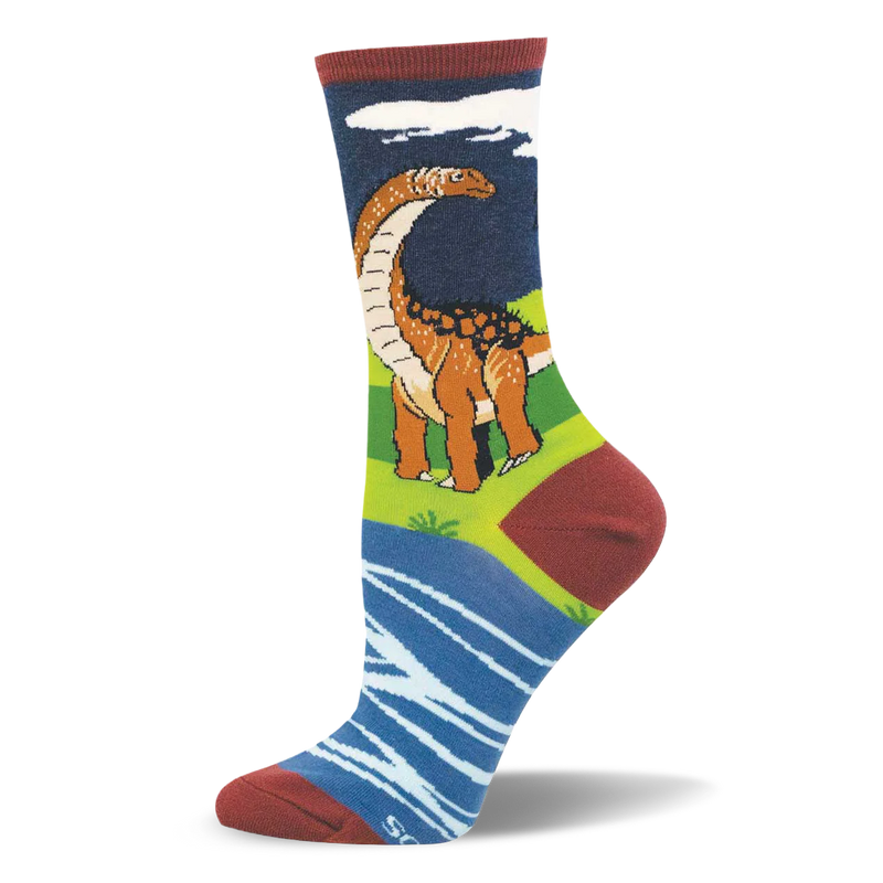 Crew sock featuring a brown Brontosaurus in a green field by a blue river, finished with a dark maroon toe, heel, and cuff.