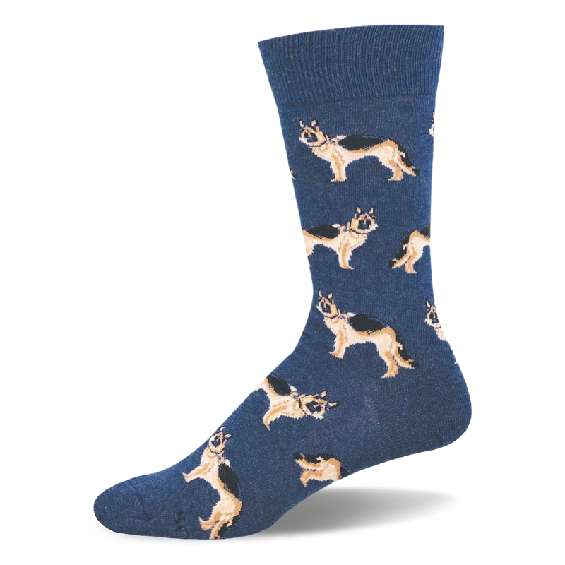 Crew sock in heathered navy blue featuring a repeating pattern of standing black and tan German Shepherd dogs.
