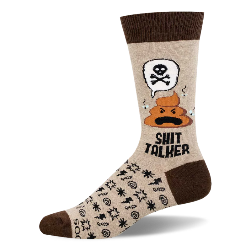 Beige crew sock with brown trim featuring an angry poop shouting a skull and crossbones, text SHIT TALKER, and swear symbols.