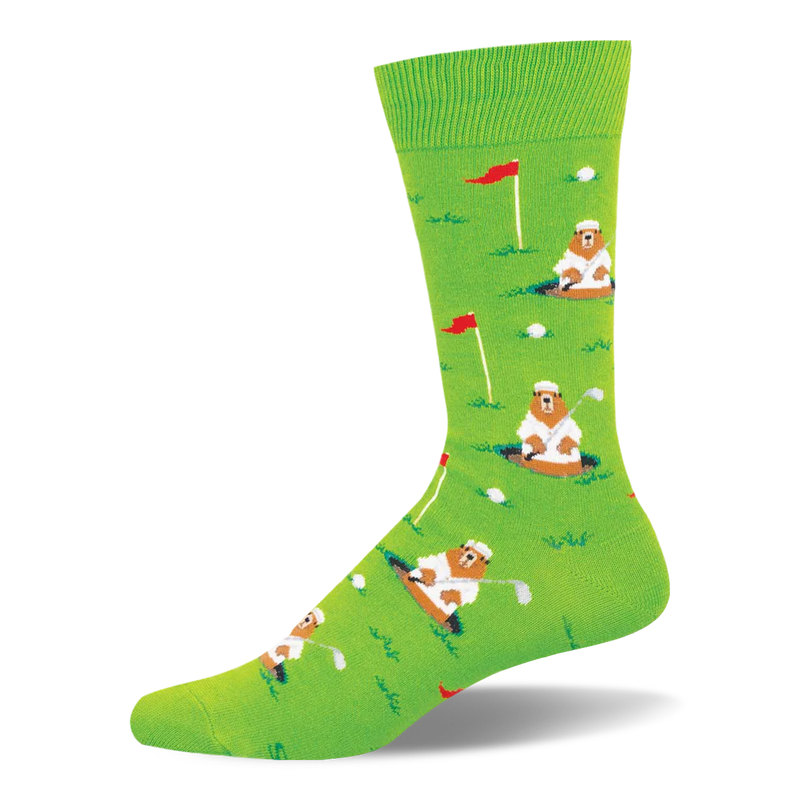 Bright green crew socks showing a pattern of brown gophers in white golf attire popping out of holes with silver golf clubs.