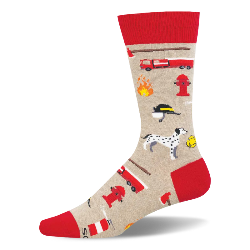 Beige crew socks with red toe, heel, and cuff. Pattern shows fire engines, dalmatians, hydrants, axes, and fire helmets.