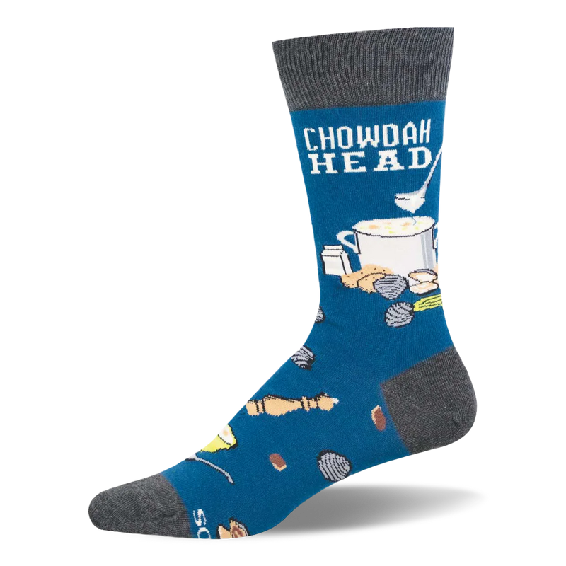 Blue crew sock with dark grey cuff, heel, toe and sole featuring the text CHOWDAH HEAD, a pot of soup, clams and crackers.