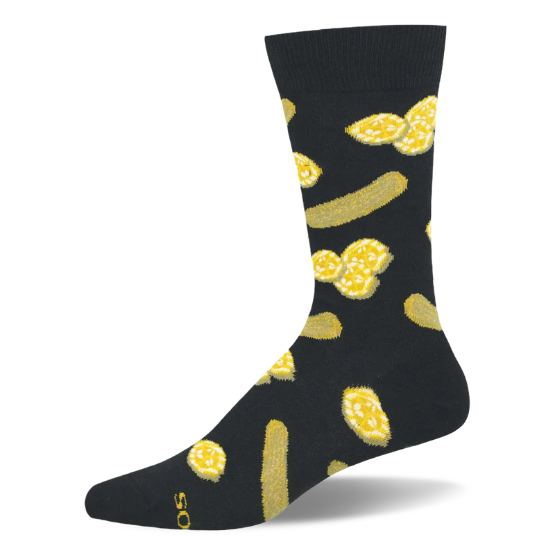 Black crew sock featuring a repeating pattern of whole green pickles and clusters of yellow crinkle-cut pickle slices.
