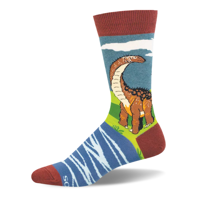 Crew sock featuring a brown Brontosaurus, green hills, blue sky, white clouds, blue river foot pattern, and rust-red toes.