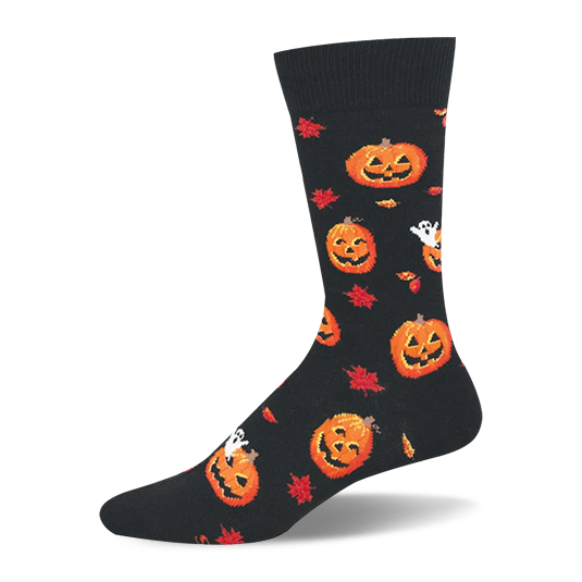 Black crew socks patterned with smiling orange jack-o'-lanterns, small white ghosts, red autumn leaves, and a solid cuff.