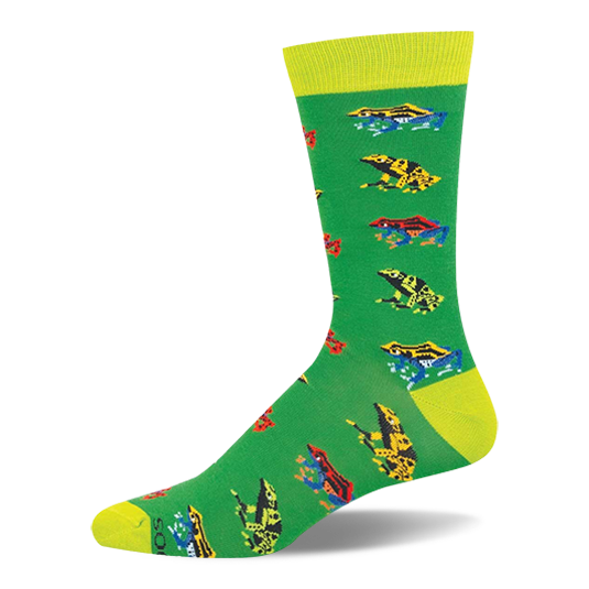 Green crew sock patterned with red and yellow poison dart frogs, finished with bright neon yellow-green accents on the ends.