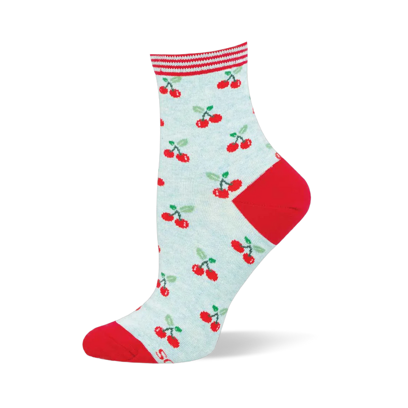 Quarter sock with a light pastel background, red cherry pattern with green leaves, red heel and toe, and a red striped cuff.