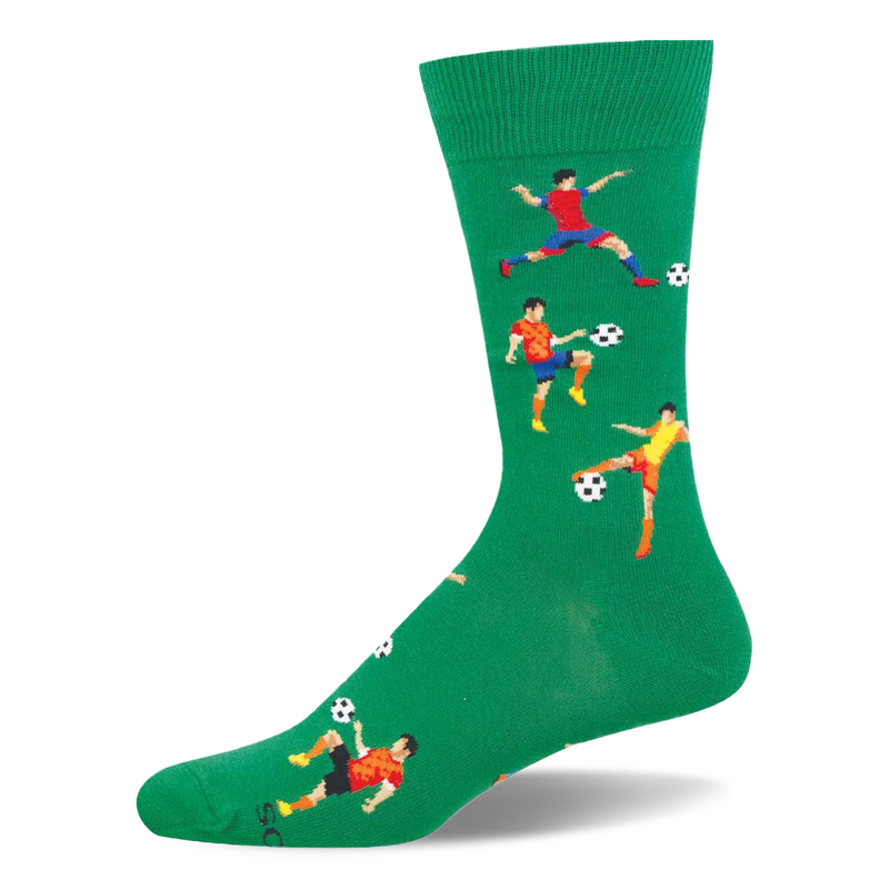 Bright green crew sock with a pattern of retro pixelated soccer players in colorful uniforms kicking black and white balls.