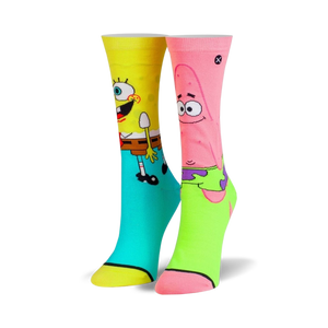 Pair of crew socks featuring Spongebob and Patrick. Spongebob's sock is yellow and teal, Patrick's is pink and lime green.