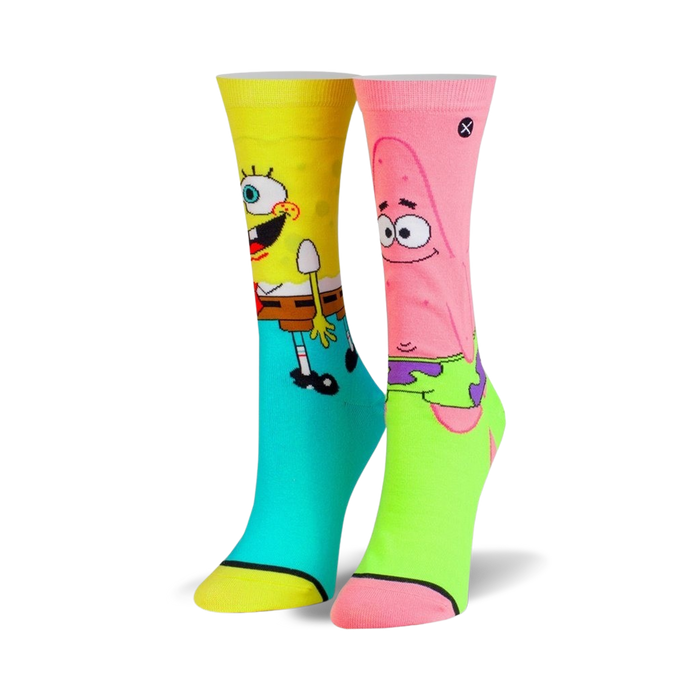 Pair of crew socks featuring Spongebob and Patrick. Spongebob's sock is yellow and teal, Patrick's is pink and lime green.
