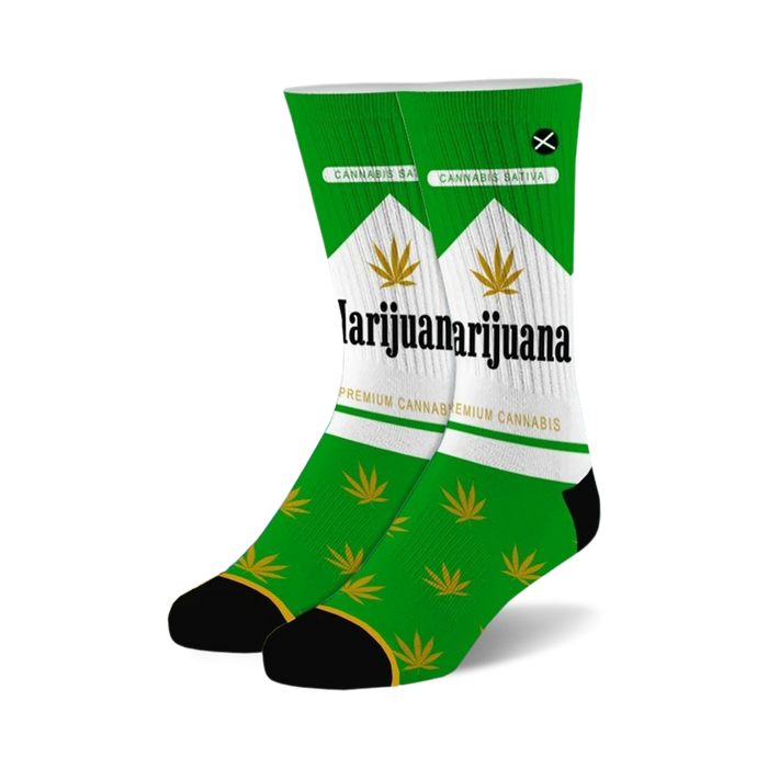 white, green, and black marijuana themed socks for men and women with a cannabis leaf pattern and 