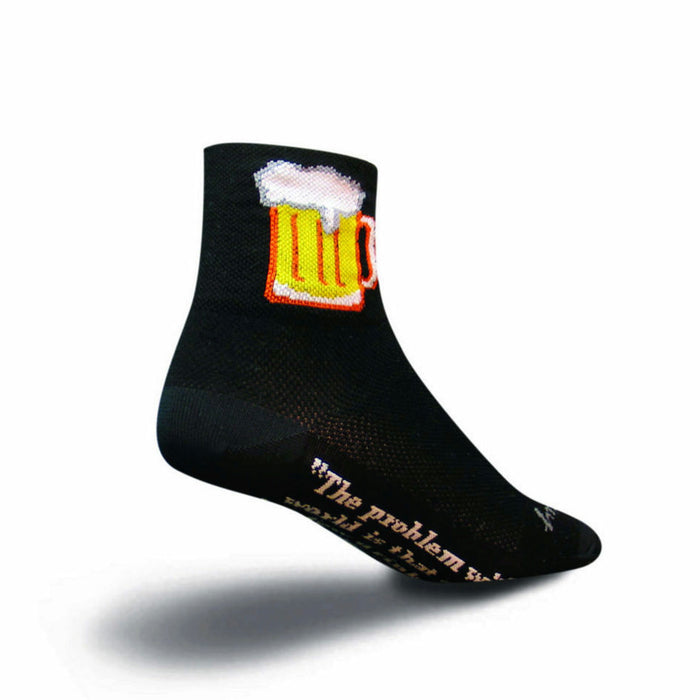 Black quarter socks with a yellow beer stein graphic and a small quote on the sole. }}