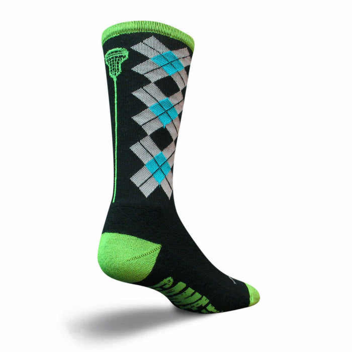 Black crew socks with argyle pattern in grey and teal, lime green accents, and a lacrosse stick graphic. }}