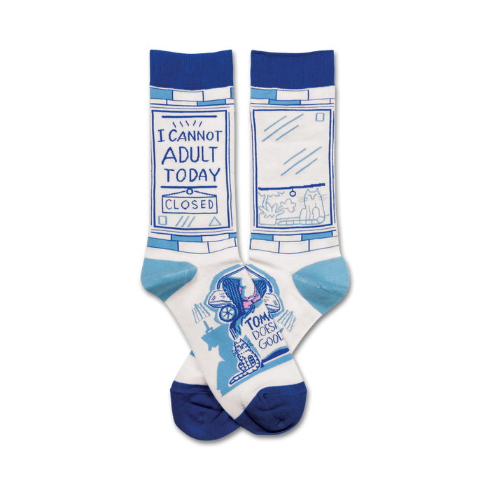 Pair of crew socks, white with blue accents. One sock says