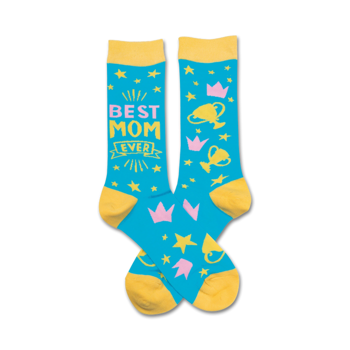 Pair of crew socks in teal, yellow, and pink.  Features 'Best Mom Ever' text and fun design elements like stars, crowns, and trophies. }}