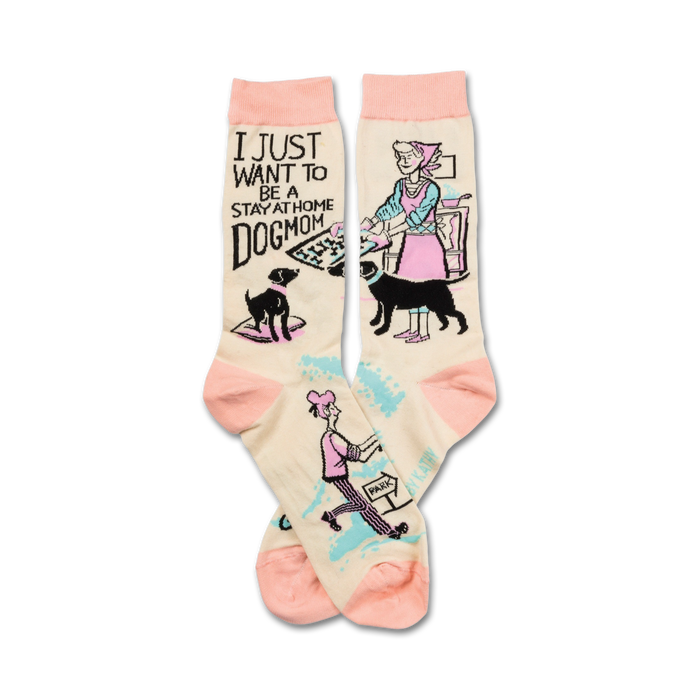 Cream crew socks with pink accents, showcasing illustrations of dogs and a 'Stay-at-Home Dog Mom' theme.  }}