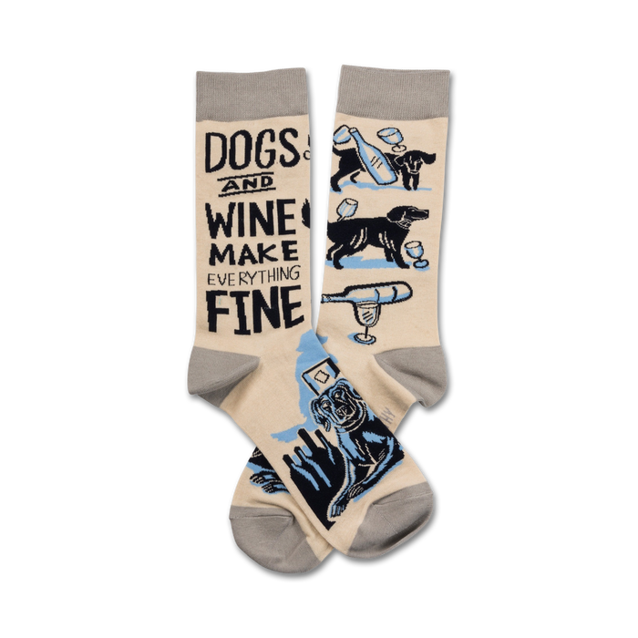 Cream crew socks with a fun design of black dogs, wine bottles, and glasses. Text reads, 'Dogs and Wine Make Everything Fine'. }}